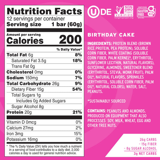 No Cow Birthday Cake bar close-up shows sprinkles and chewy texture for post-workout snacking.