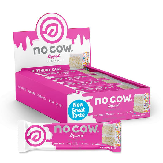 No Cow Upgraded Birthday Cake packaging front promoting on-the-go energy.