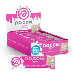 No Cow Upgraded Birthday Cake packaging front promoting on-the-go energy.