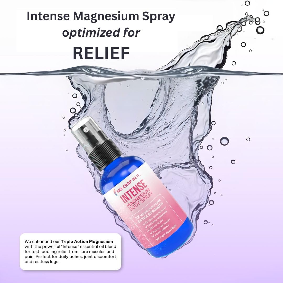 No Crap In It Intense Magnesium Spray label close-up, showcasing ingredients.