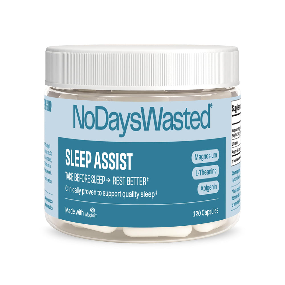 No Days Wasted Rest Assist bottle with capsules promotes a calm evening routine.