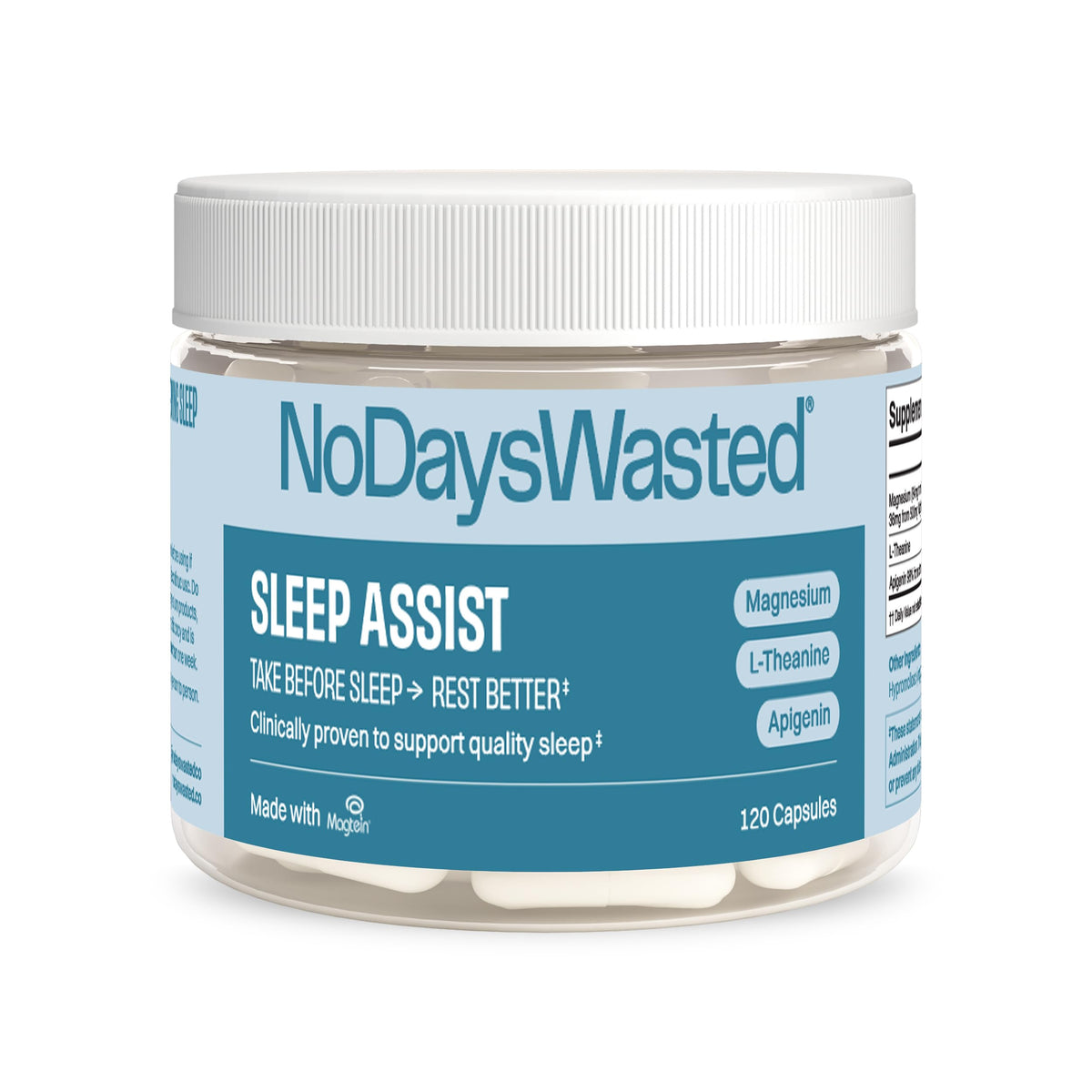 No Days Wasted Rest Assist bottle with capsules promotes a calm evening routine.