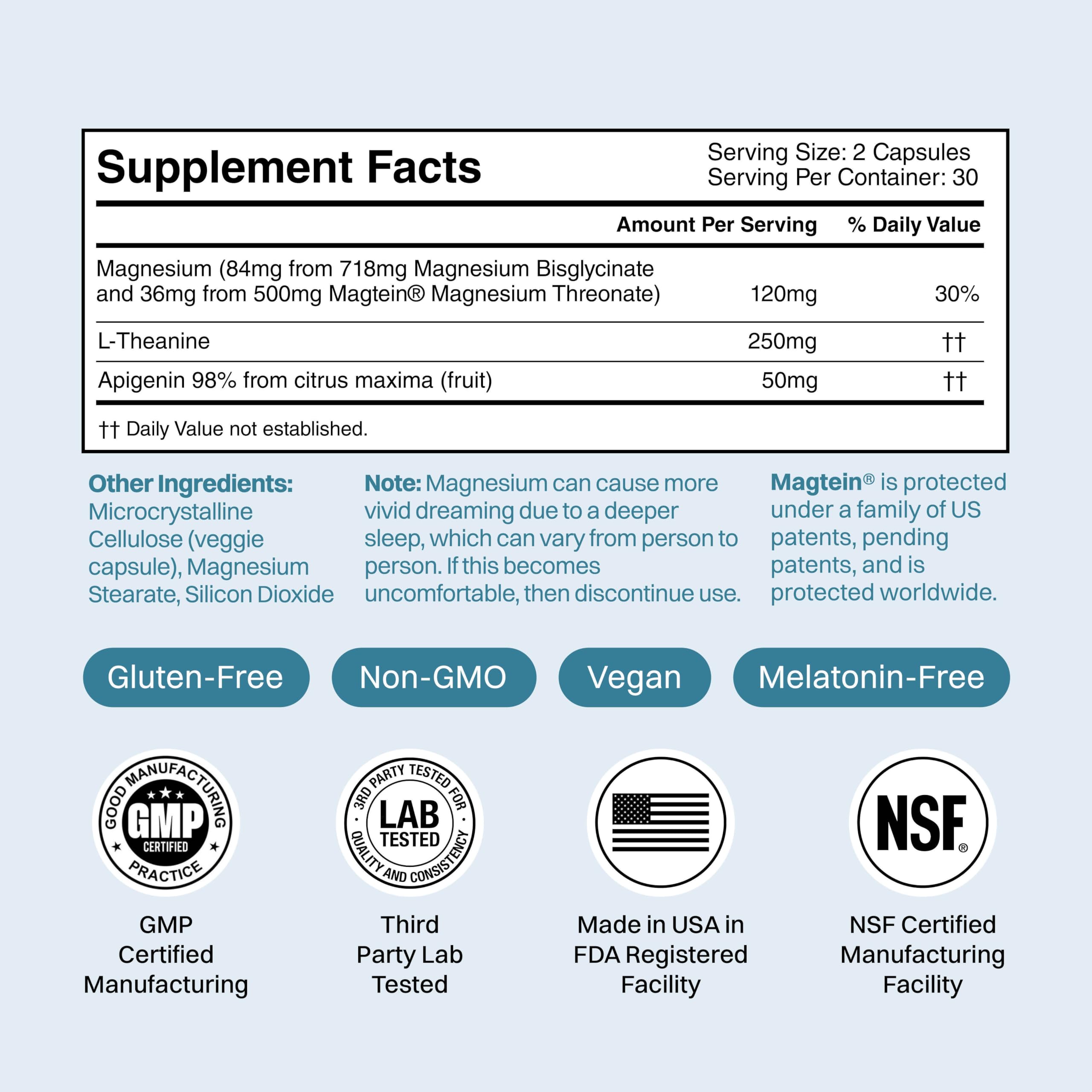 Closeup of Rest Assist capsules highlighting the calming magnesium blend for relaxed evenings.