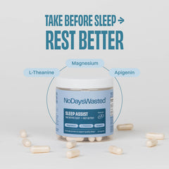 Rest Assist label details highlight vegan, melatonin-free, non-habit forming formulation.