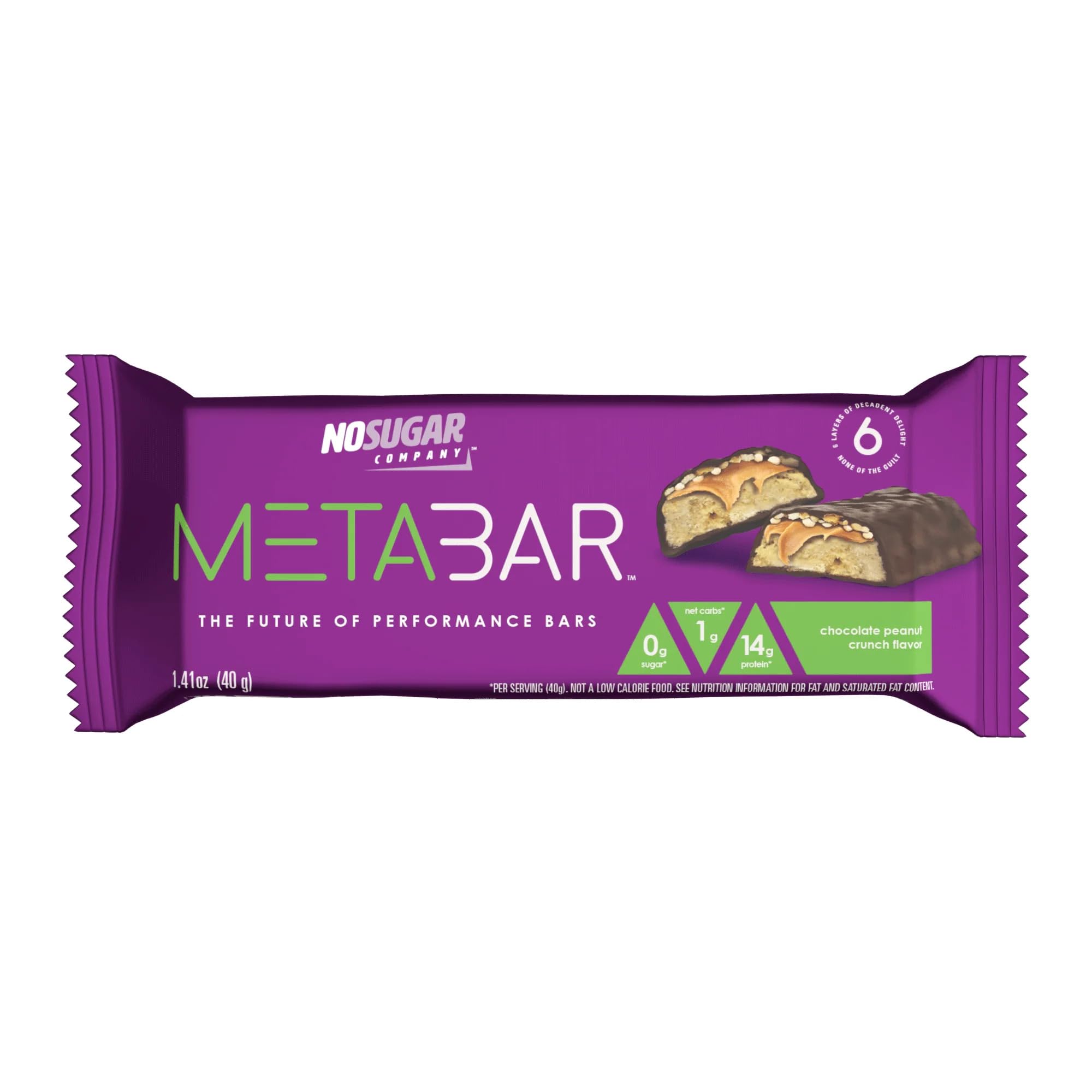 No Sugar META BAR broken in half displays gooey caramel and crunchy peanuts.