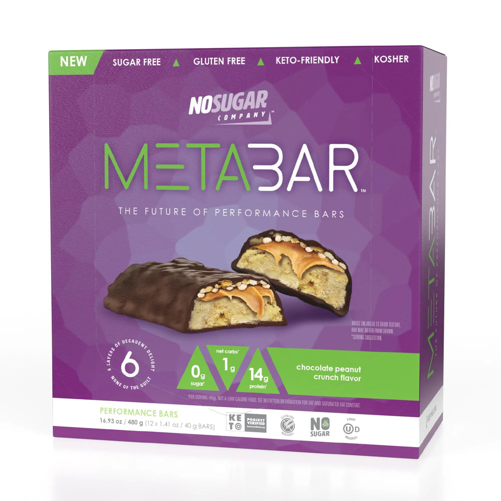 No Sugar META BAR packaging highlights grab-and-go convenience for busy days.