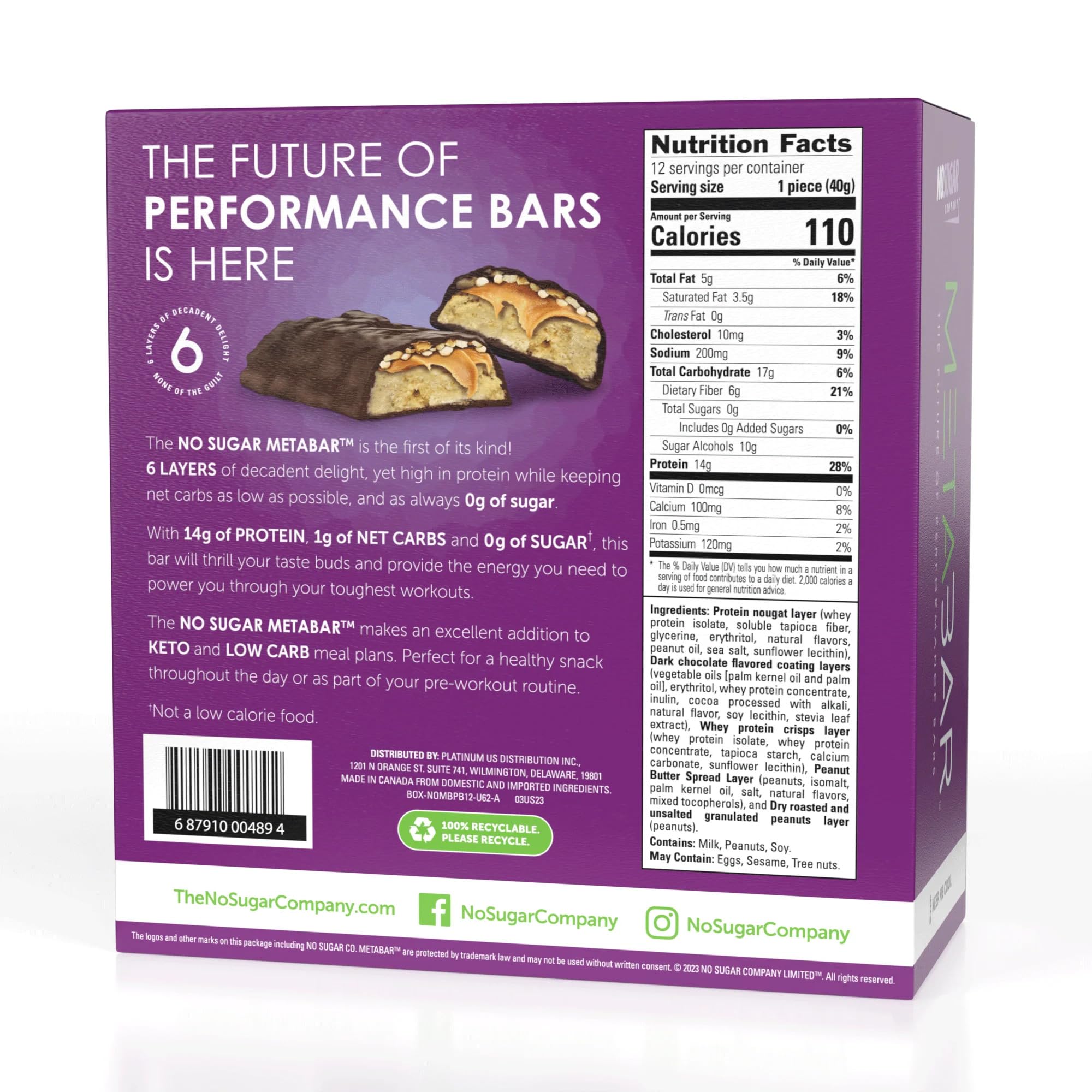 No Sugar META BAR gluten-free badge on the label signals dietary compatibility.