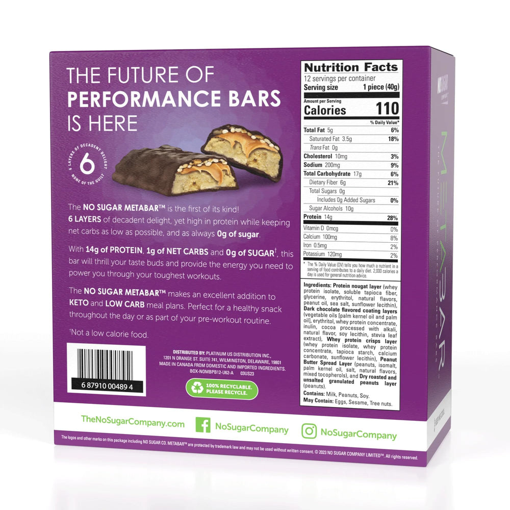 No Sugar META BAR gluten-free badge on the label signals dietary compatibility.