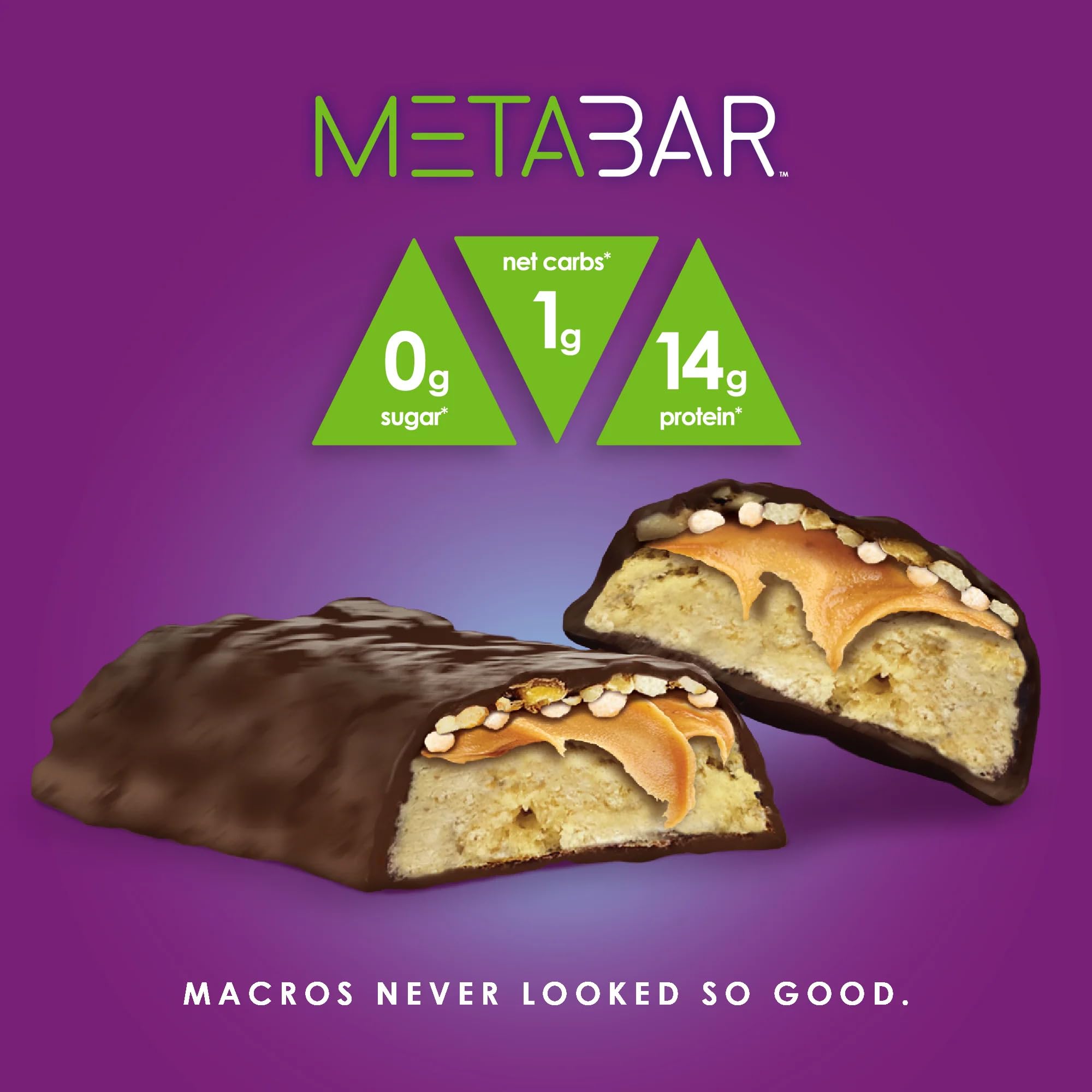 No Sugar META BAR nutrient panel highlights 14g protein and 0g sugar.