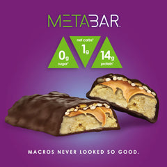 No Sugar META BAR nutrient panel highlights 14g protein and 0g sugar.
