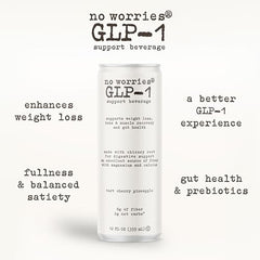 No Worries GLP-1 prebiotic glass with bubbles suggests refreshing, light consumption