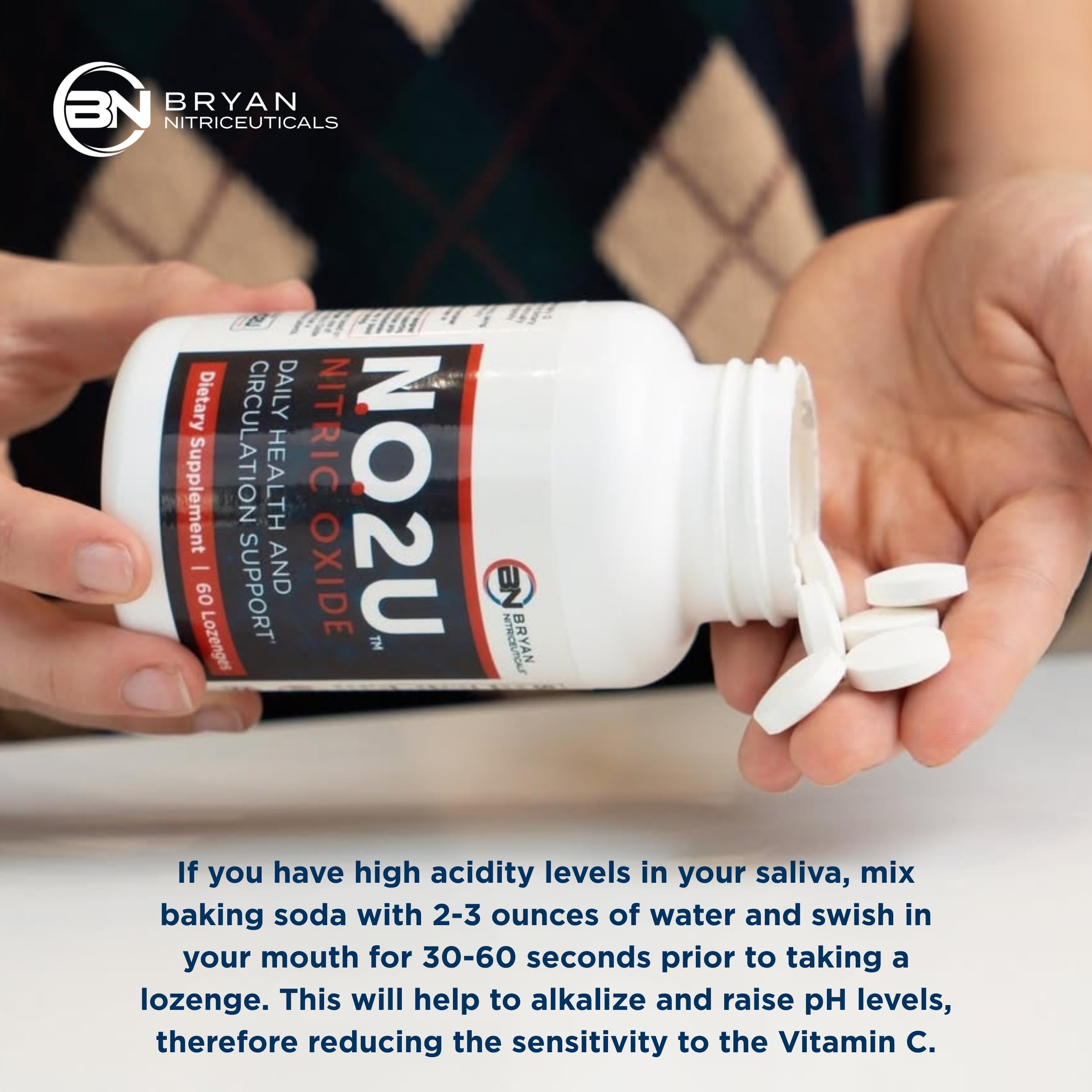 NO2U Bryan NITRICEUTICALS daily-use bottle with glass of water beside