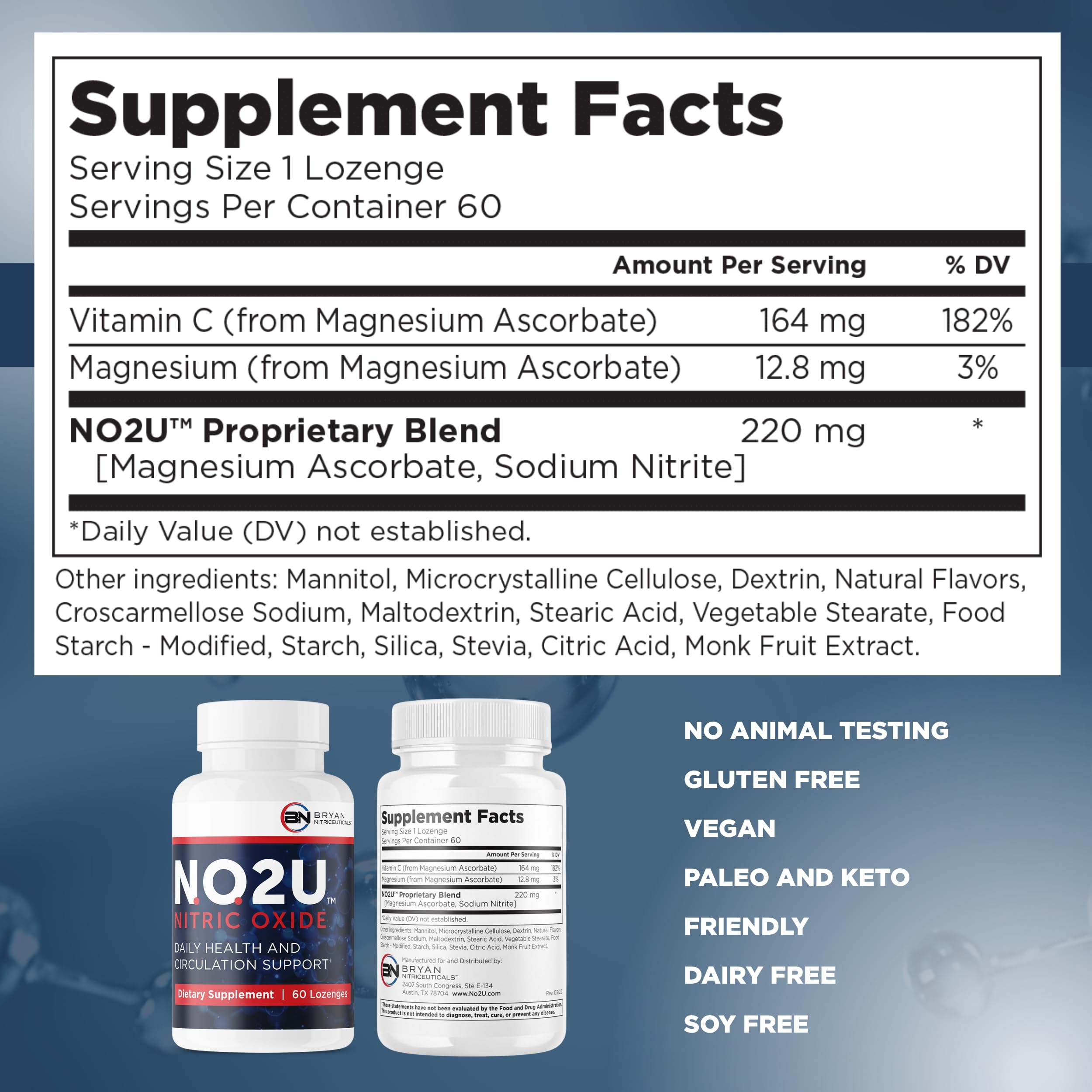 NO2U Bryan NITRICEUTICALS vegan-friendly label suitable for keto and paleo