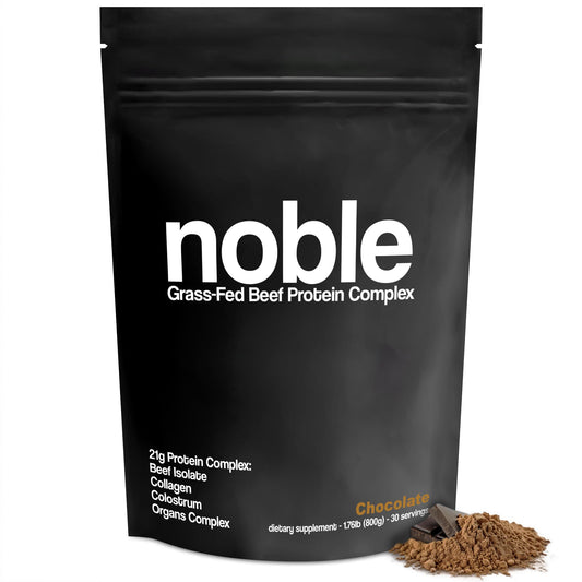 Noble Origins chocolate protein powder jar highlighting rich cocoa flavor and 21g protein per serving.