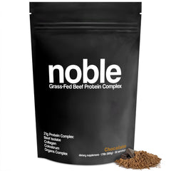 Noble Origins chocolate protein powder jar highlighting rich cocoa flavor and 21g protein per serving.