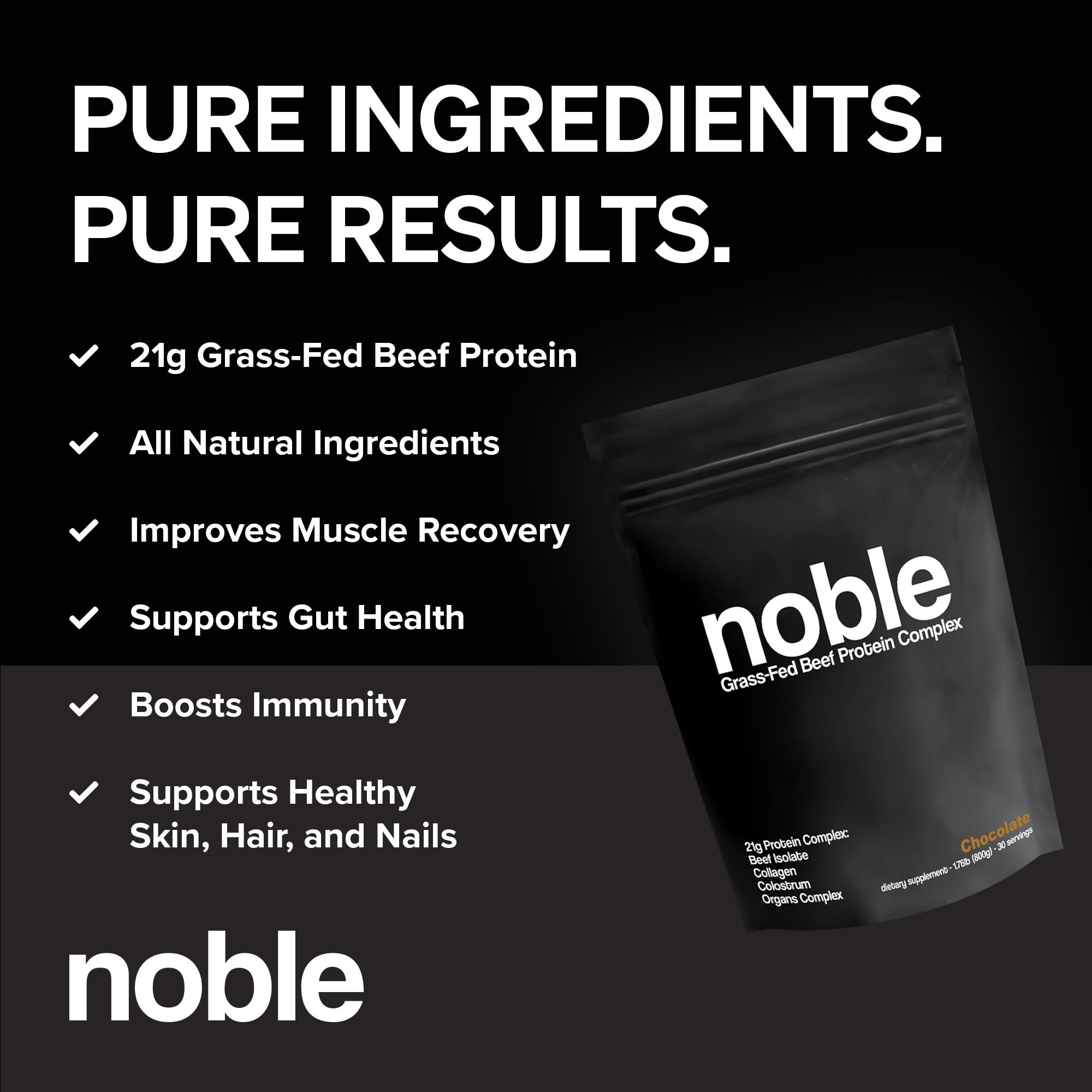 Noble Origins chocolate protein powder scoop for quick, convenient shakes.