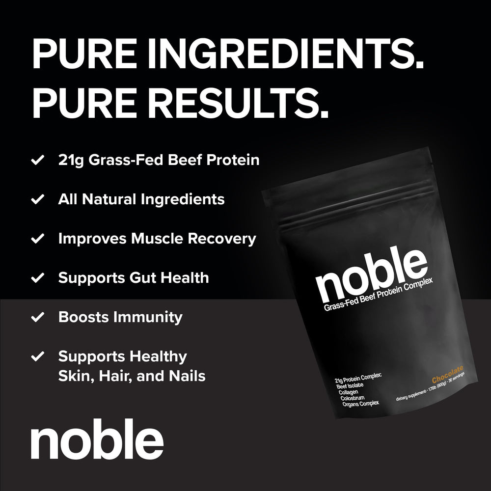 Noble Origins chocolate protein powder scoop for quick, convenient shakes.