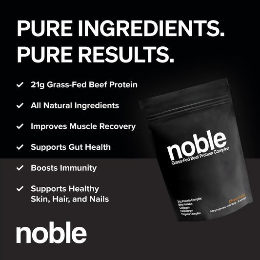 Noble Origins chocolate protein powder scoop for quick, convenient shakes.
