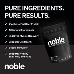 Noble Origins chocolate protein powder scoop for quick, convenient shakes.