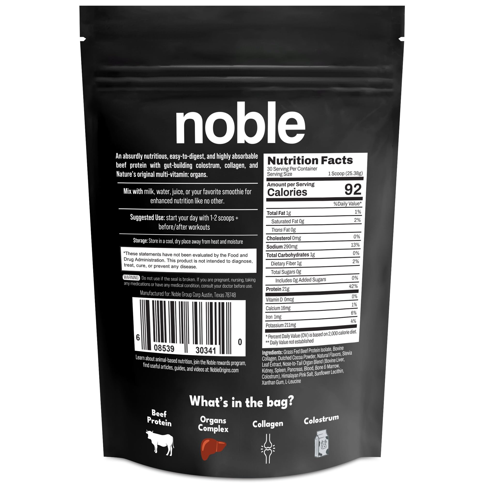 Noble Origins packaging and label showcase clean ingredients.