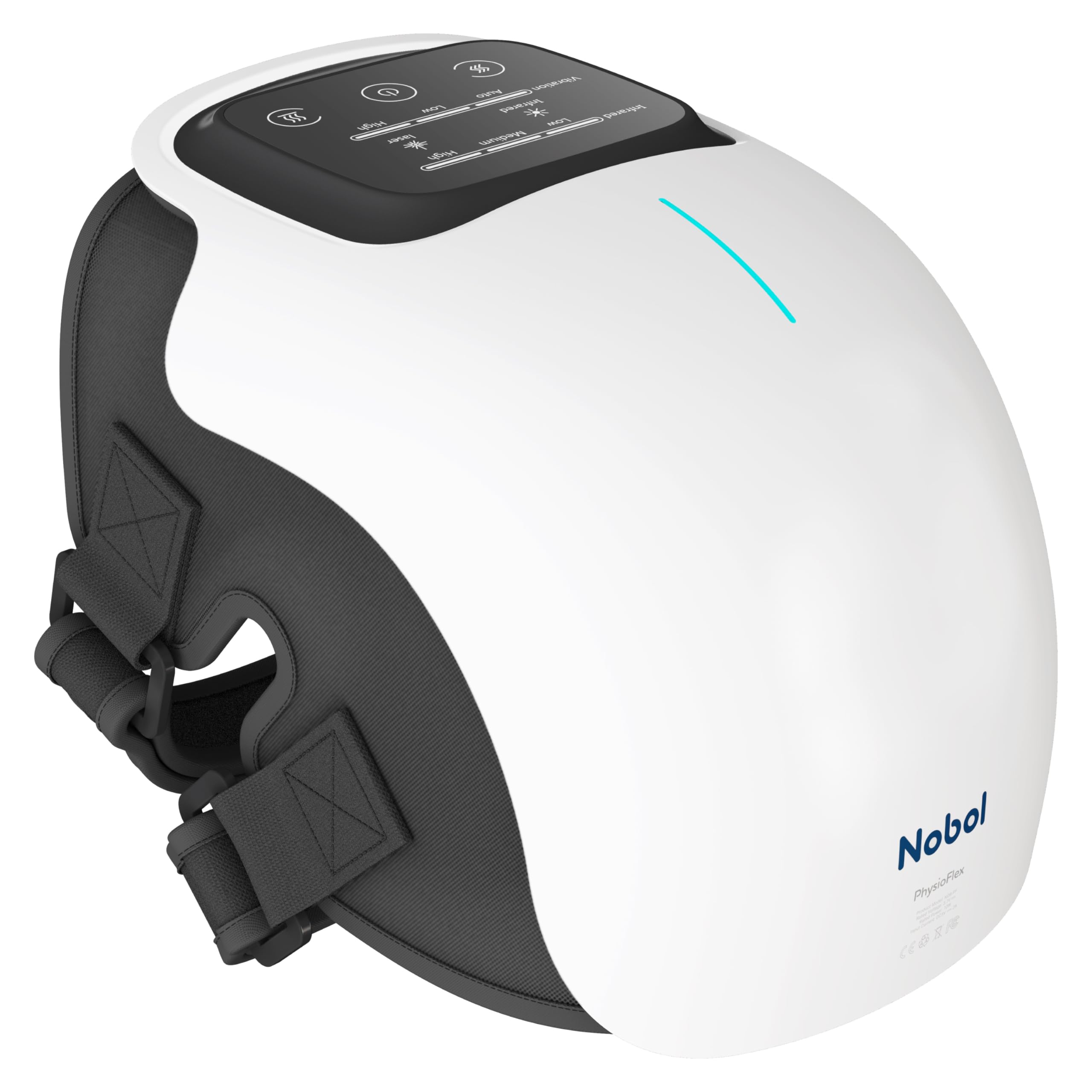 Nobol PhysioFlex knee massager shown in side view with heat and vibration features for targeted relief