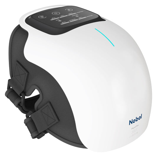 Nobol PhysioFlex knee massager shown in side view with heat and vibration features for targeted relief