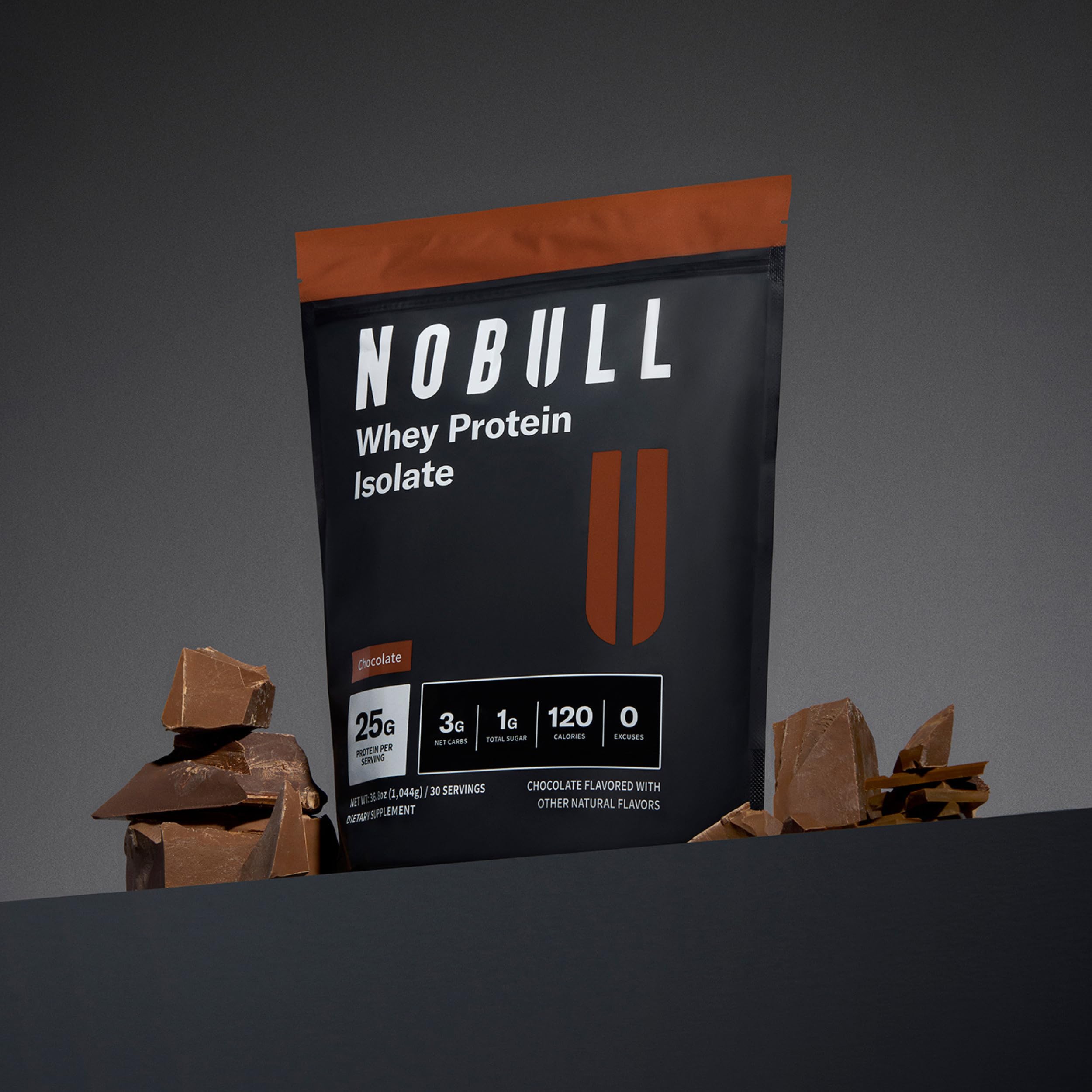 NOBULL Grass-Fed Whey Isolate ingredients panel communicates simple, essential nutrition for workouts.