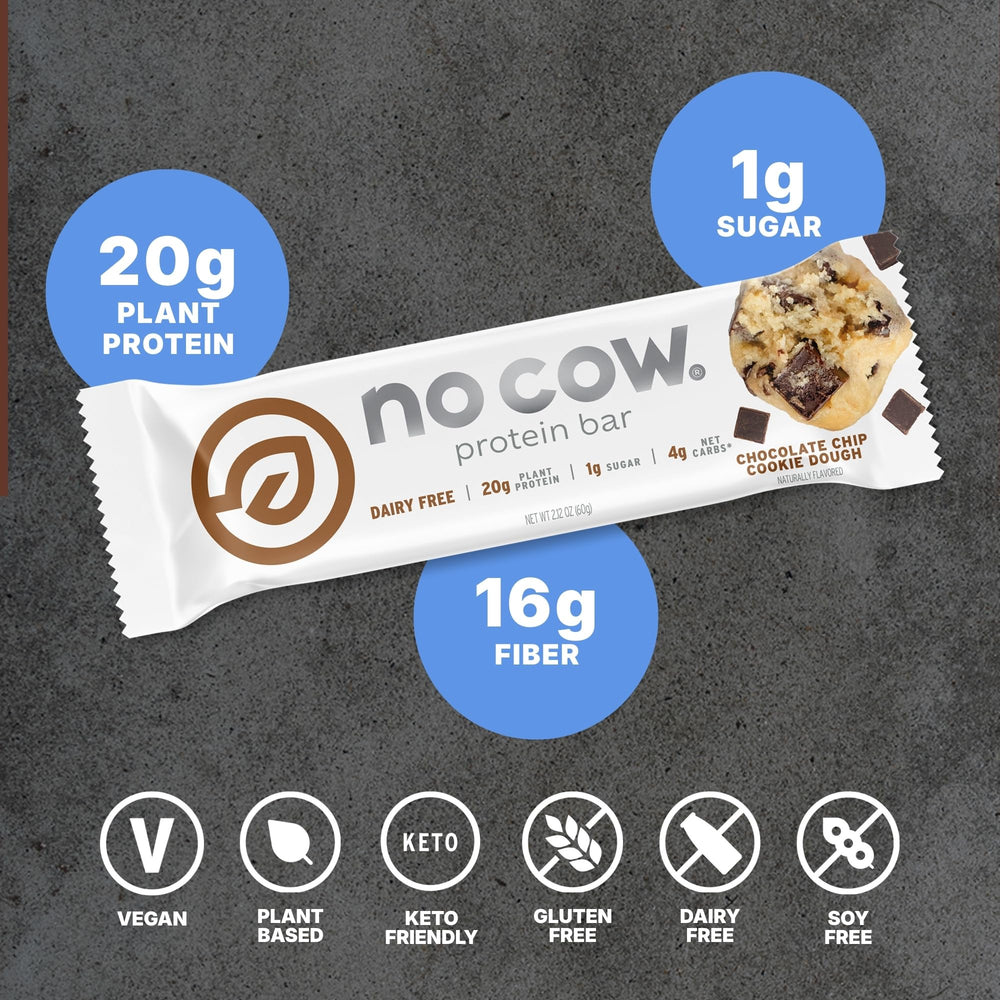 No Cow 60g bar with chocolate chips cross-section highlighting soft interior and fiber-rich bite.