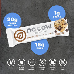 No Cow 60g bar with chocolate chips cross-section highlighting soft interior and fiber-rich bite.