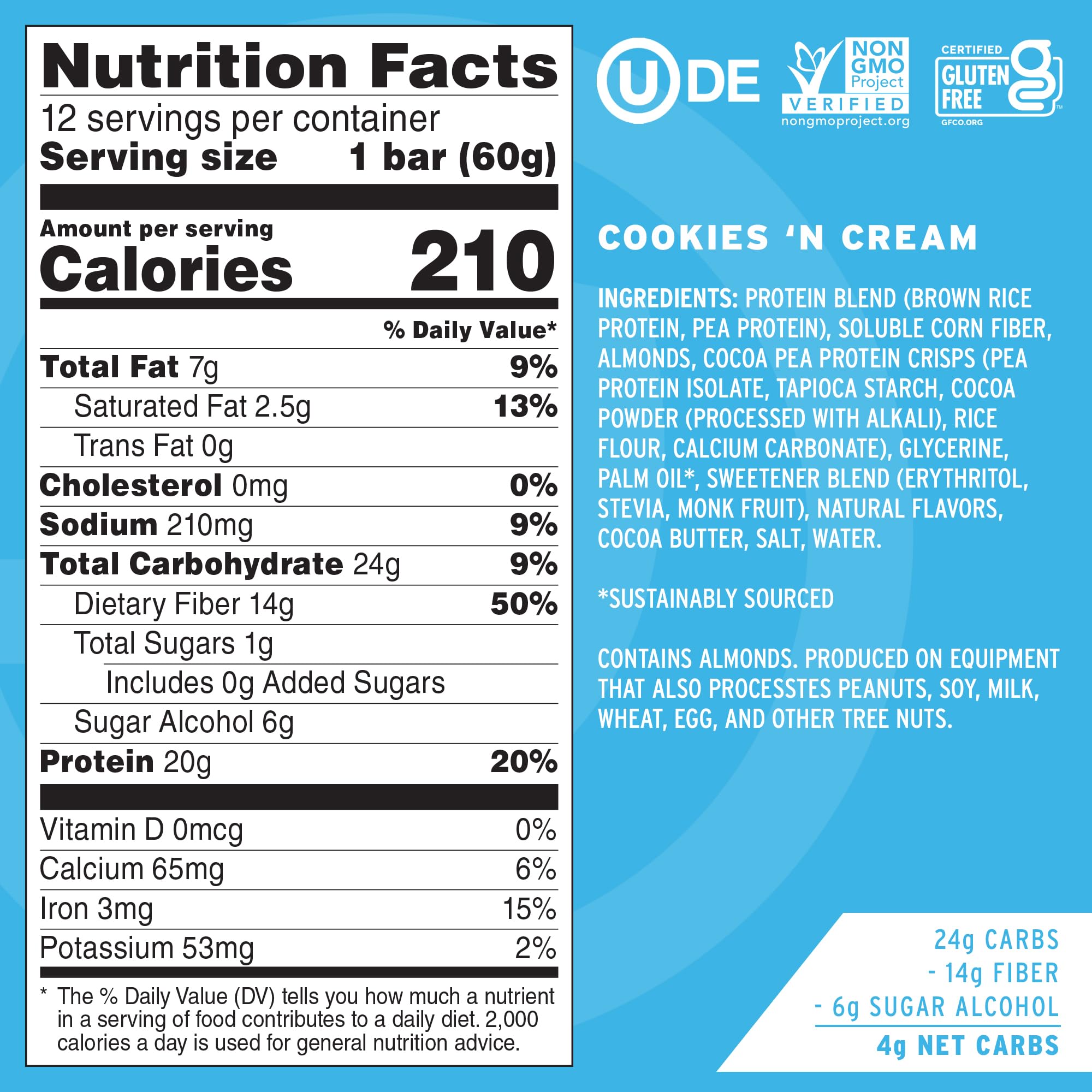 No Cow Cookies 'n Cream bar close-up, crunchy pieces and creamy filling