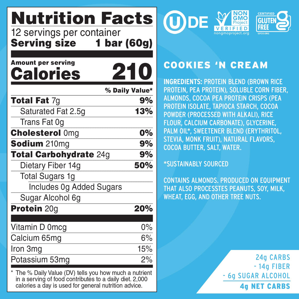 No Cow Cookies 'n Cream bar close-up, crunchy pieces and creamy filling