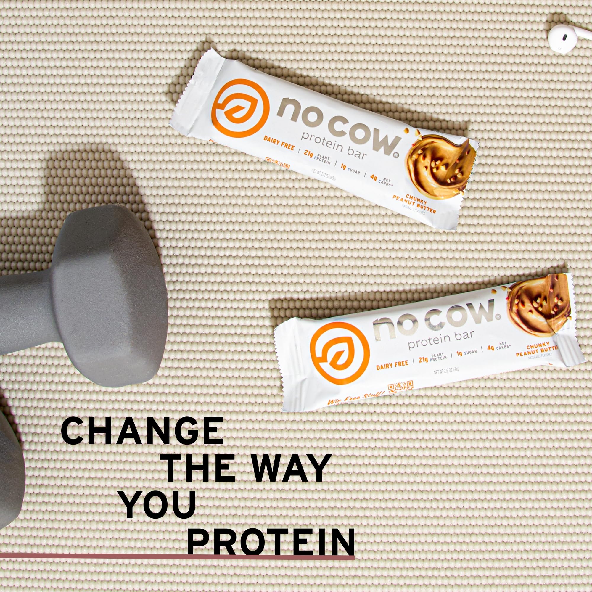 No Cow chunky peanut butter bar features crunchy peanut pieces.