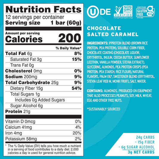 Close-up of No Cow Chocolate Salted Caramel bar showing rich flavor and fiber-rich ingredients.