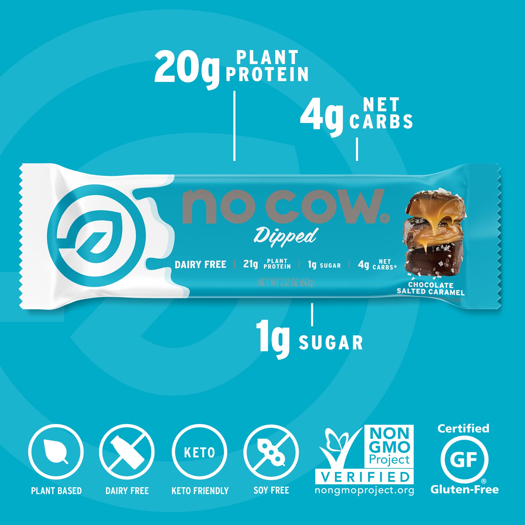 Cross-section view reveals 20g plant-based protein in No Cow bar Chocolate Salted Caramel.