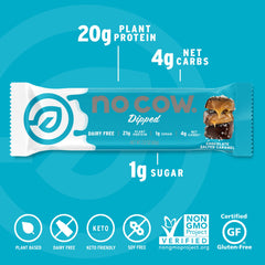 Cross-section view reveals 20g plant-based protein in No Cow bar Chocolate Salted Caramel.