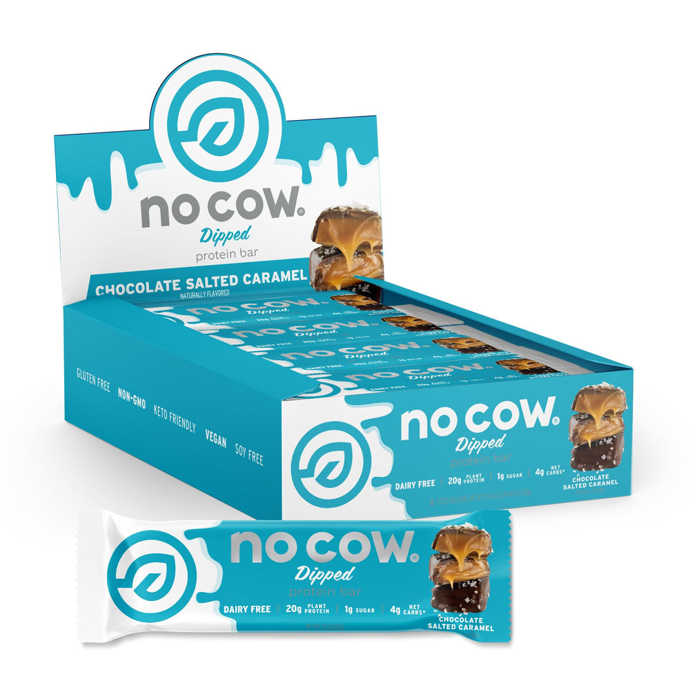 No Cow High Protein Bars Chocolate Salted Caramel packaging highlights keto-friendly, dairy-free snacking.