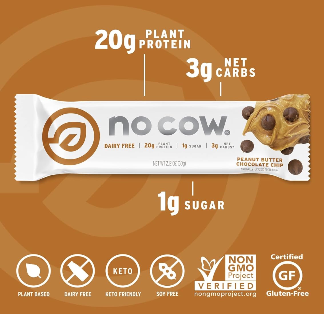 No Cow peanut butter bar ingredients bowl, supports gut-friendly high-fiber snacking.
