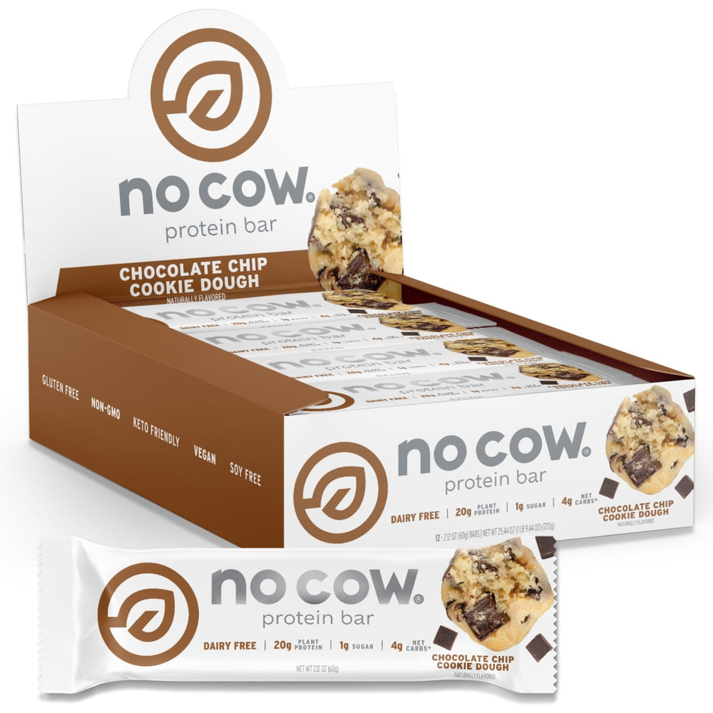 No Cow upgraded chocolate chip cookie dough bar close-up showing chewy texture for snacking.