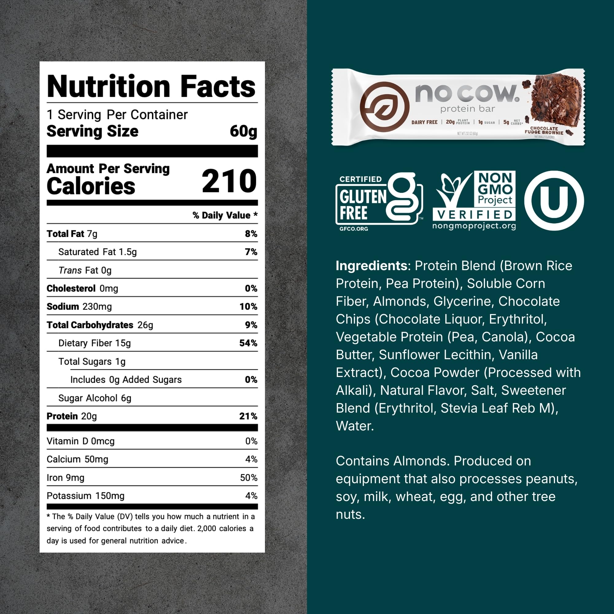 No Cow Upgraded Chocolate Fudge Brownie bar pack box on display.