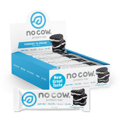 No Cow upgraded Cookies 'n Cream bar pack shot, convenient vegan protein snack