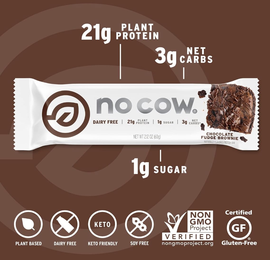 No Cow ingredients close-up emphasizes plant protein and allergen-friendly profile.