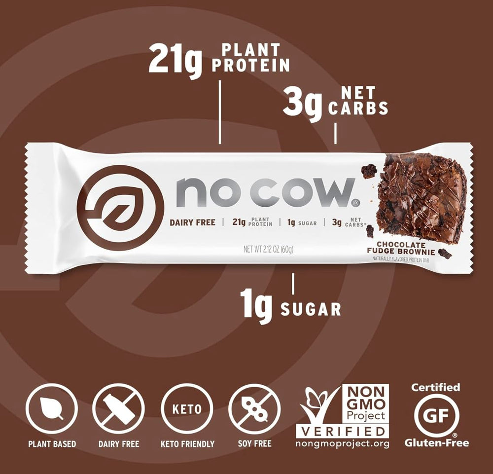 No Cow ingredients close-up emphasizes plant protein and allergen-friendly profile.
