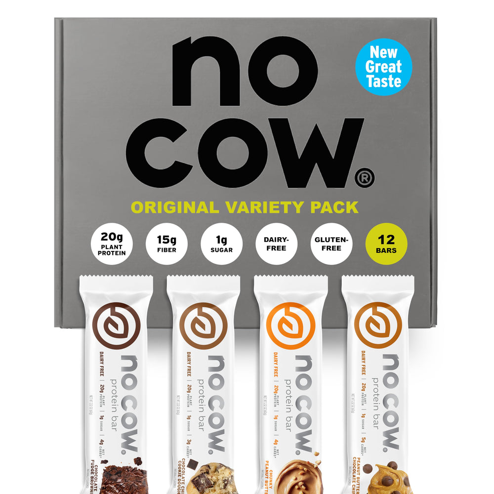 No Cow Upgraded Original Variety Pack packaging shows a 12-bar box for on-the-go snacking.