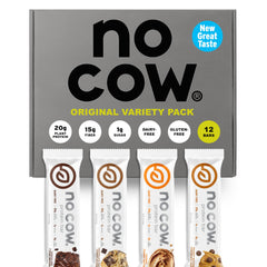 No Cow Upgraded Original Variety Pack packaging shows a 12-bar box for on-the-go snacking.