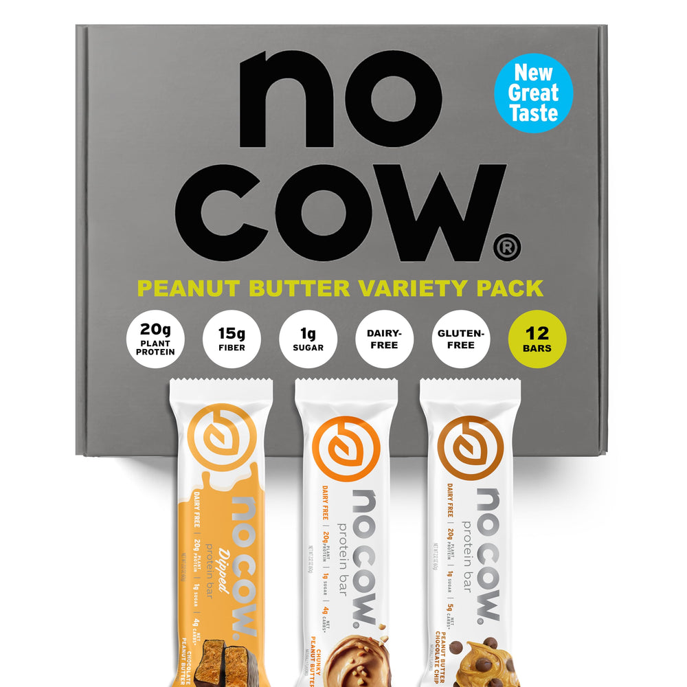 No Cow upgraded peanut butter variety pack on display, a high-protein snack option.