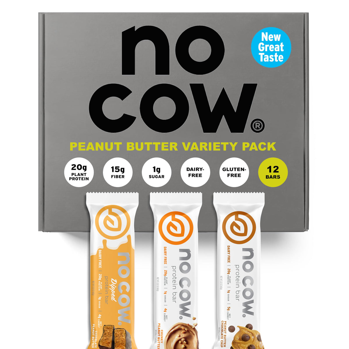 No Cow upgraded peanut butter variety pack on display, a high-protein snack option.