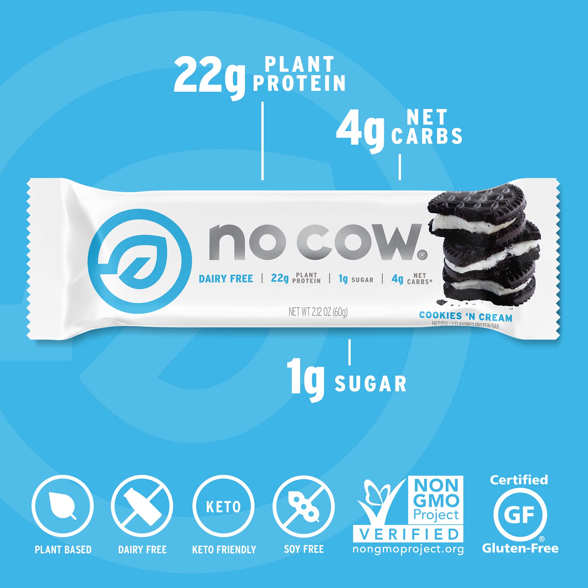 No Cow vegan protein bar 20g label, plant protein highlight