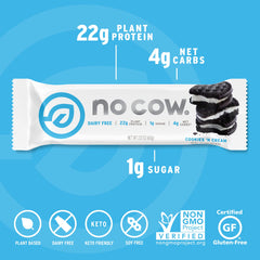 No Cow vegan protein bar 20g label, plant protein highlight