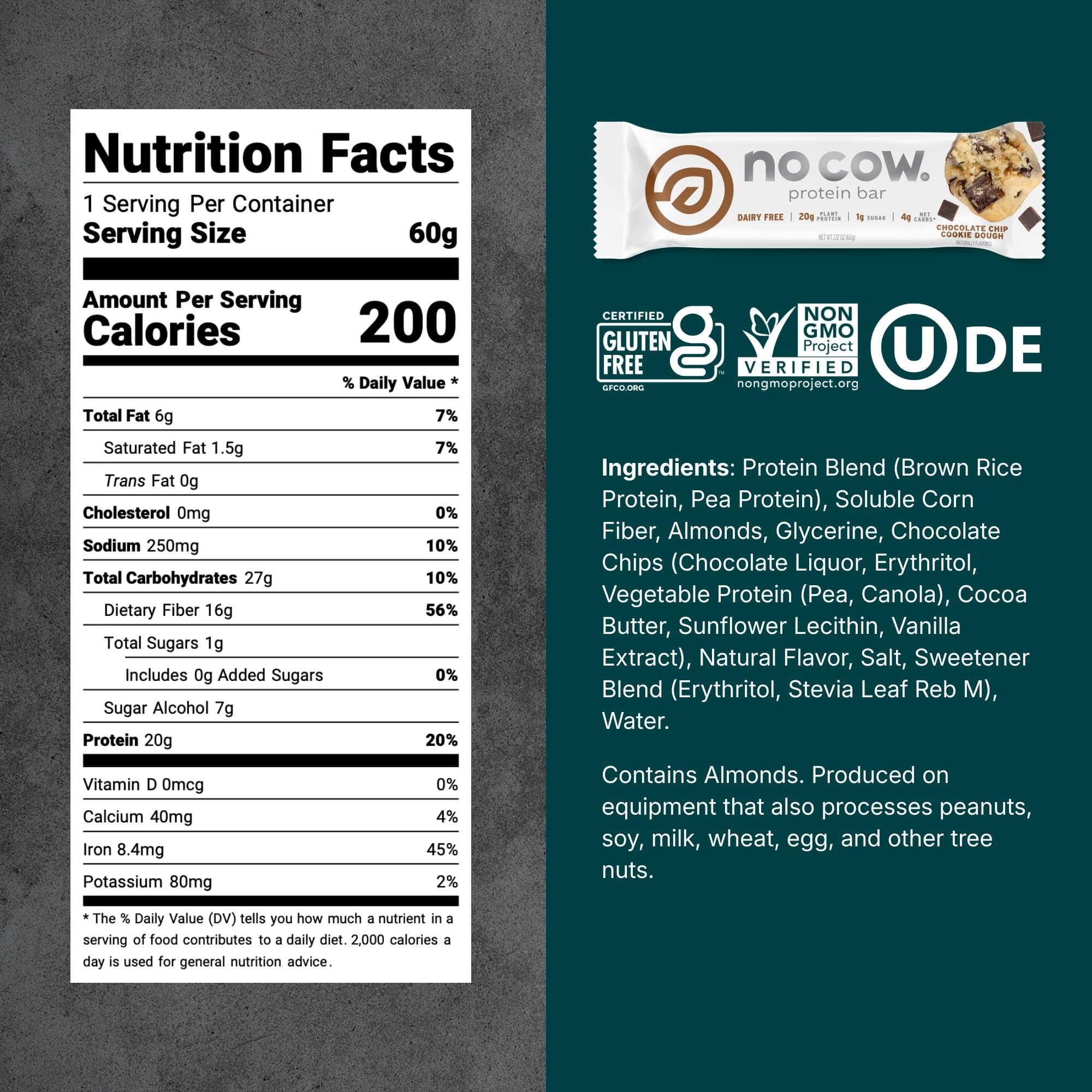 No Cow vegan protein bar chocolate chip cookie dough packaging ready for on-the-go fueling.