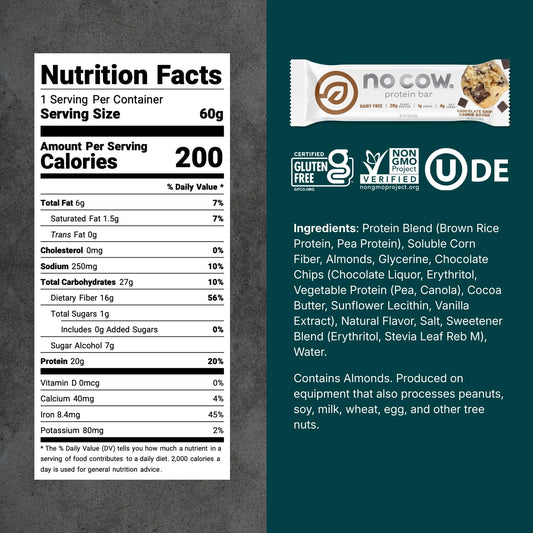 No Cow vegan protein bar chocolate chip cookie dough packaging ready for on-the-go fueling.